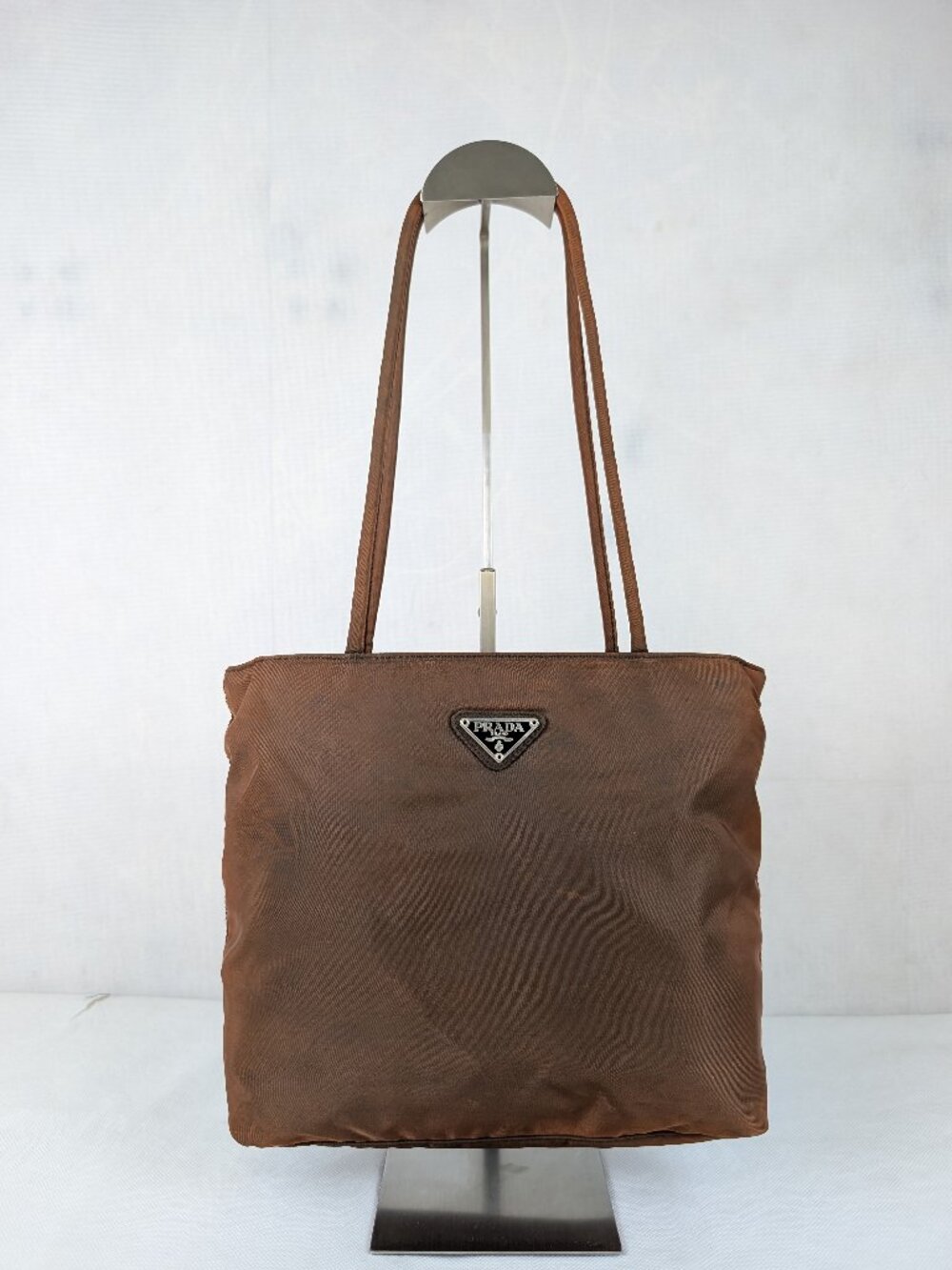 Authentic Prada Tessuto Nylon Tote Bag Shoulder Bag Brown Made in Italy.